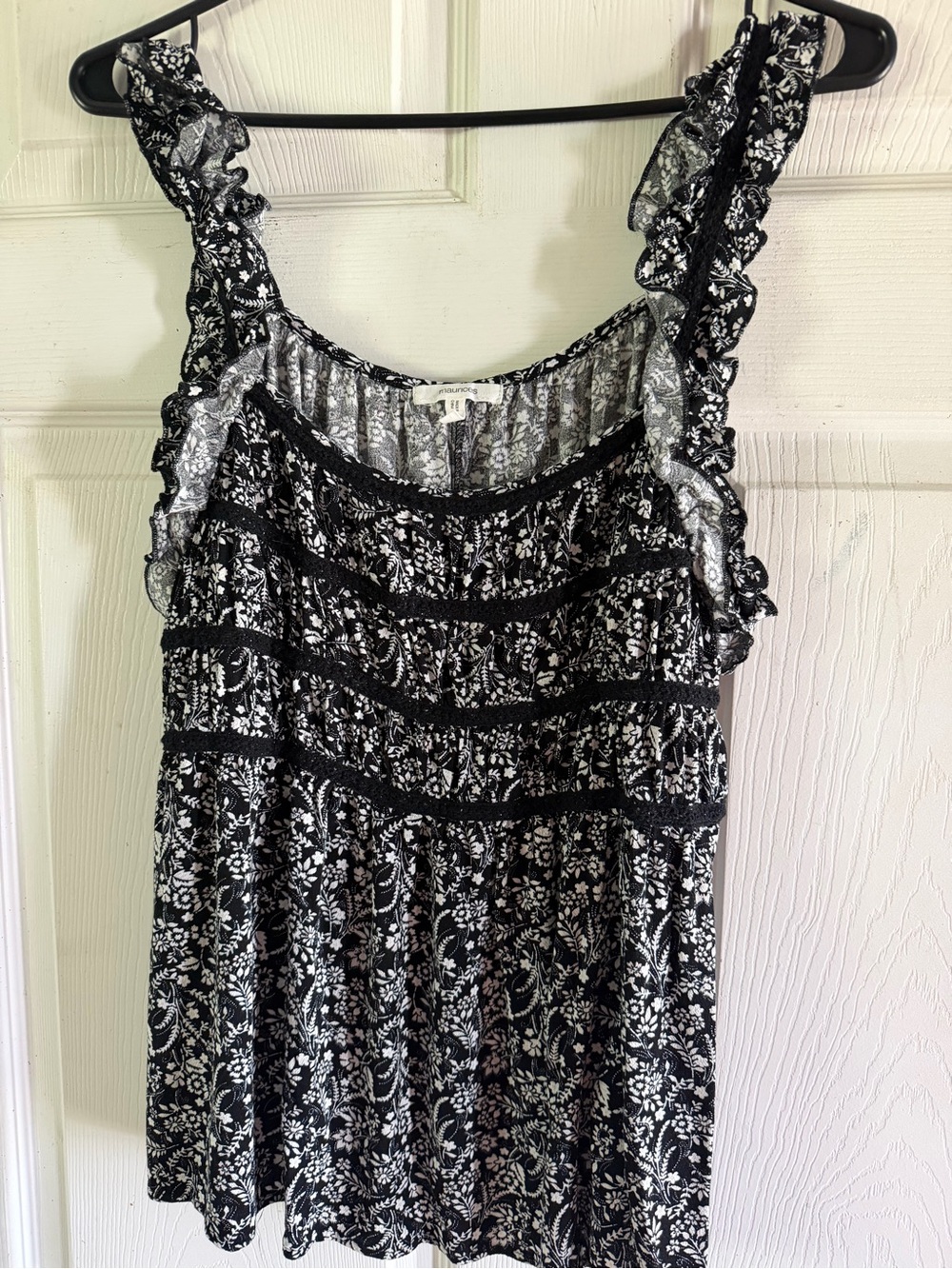Maurices Black and White Floral Ruffle Tank Top